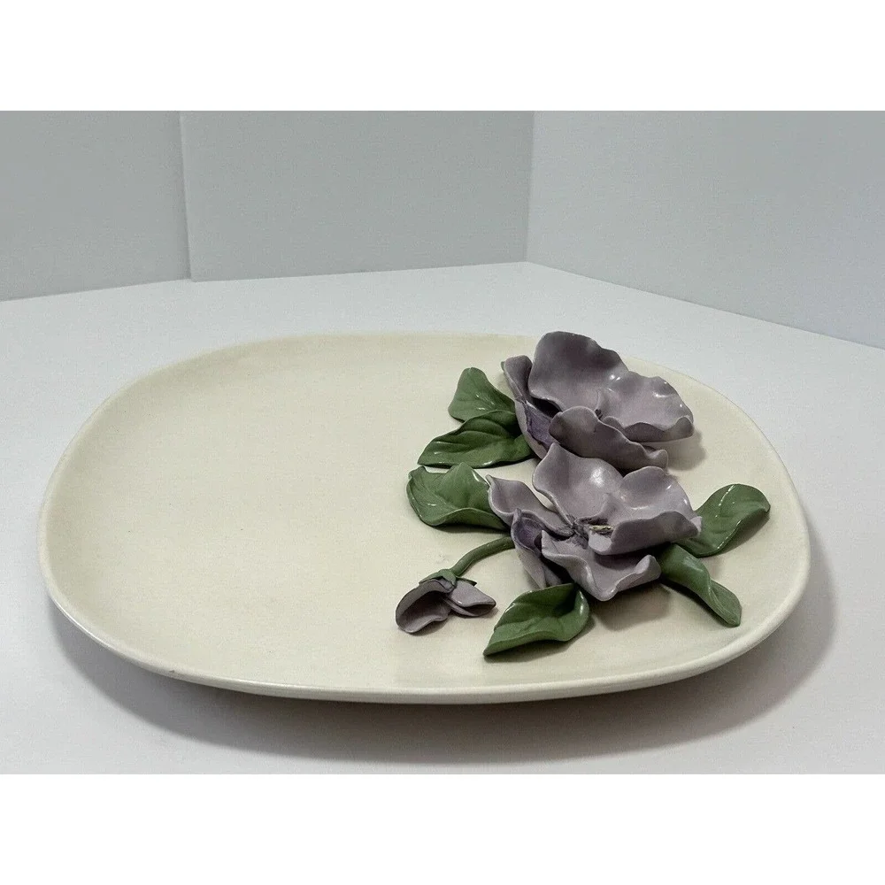 Pottery Art Square Plate With Purple‎ Flowers
